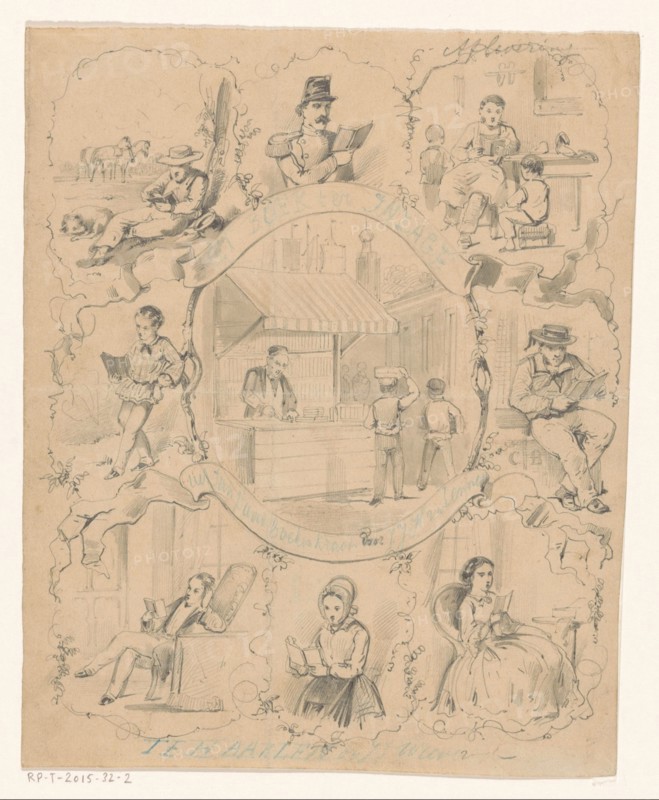 Book stall on a market surrounded by eight scenes with reading figures, c.1860-c.1862. Creator: Charles Rochussen.
