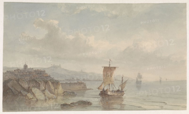 Coastal landscape with port and ships on the water, 1809-1874. Creator: Christiaan Lodewijk Willem Dreibholtz.