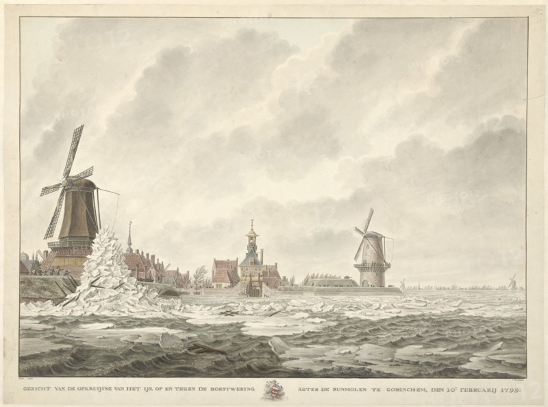 View of the ice, piling up on and against the parapet behind the Runmolen...1799, (1807).  Creator: Cornelis de Jonker.
