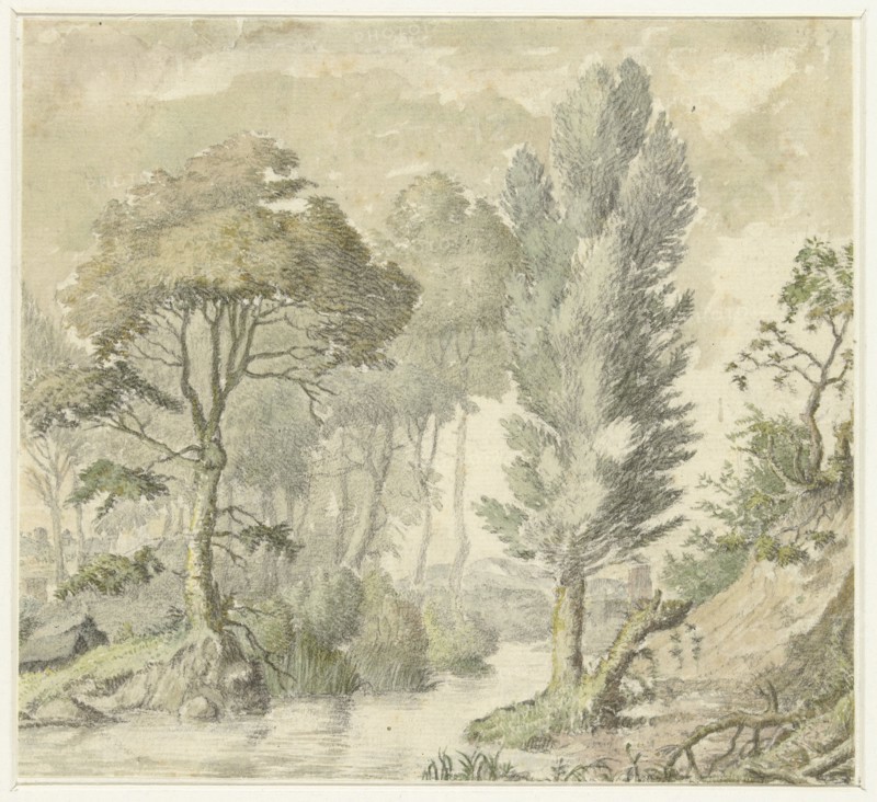 Forest landscape with a stream, and a hill on the right, 1677-1755. Creator: Elias van Nijmegen.