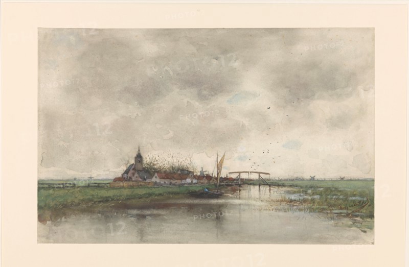 River landscape with a view of a village, 1866-1892. Creator: Frederik Jacobus van Rossum du Chattel.
