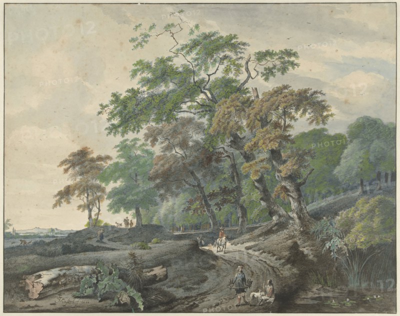 Landscape with a road through a forest and a falconer, 1801.  Creator: Gerard van Nijmegen.