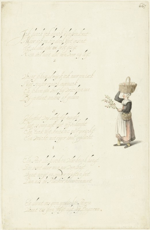 Woman with two baskets of fruit and a cherry tree branch, c.1652. Creator: Gesina ter Borch.