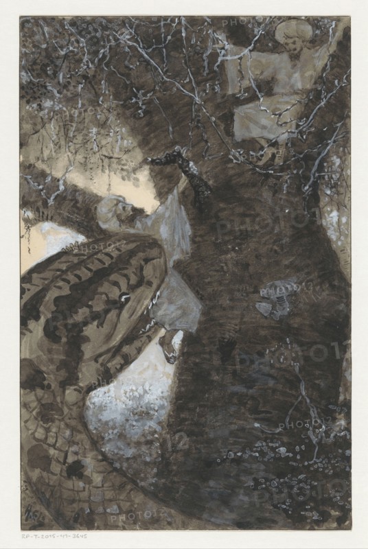 Man in a tree is grabbed by a snake, 1910 or earlier.  Creator: Louwerse, H.C..