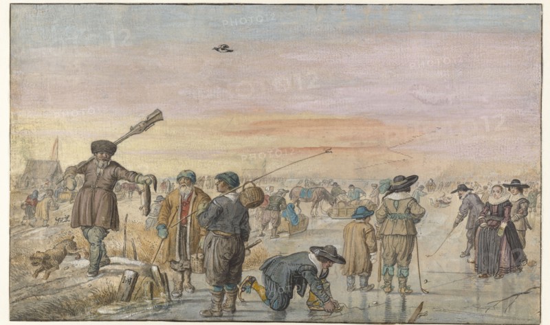Winter Scene on the Ice, with a Hunter Showing an Otter, c.1625-c.1630. Creator: Hendrick Avercamp.