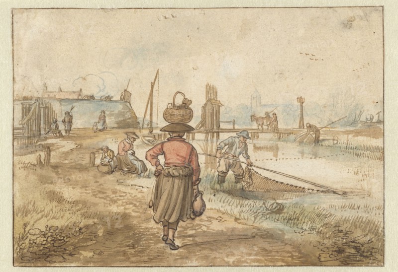 River Landscape with a Woman Carrying a Basket on her Head, Fishermen and Other Fig..., before c1620 Creator: Hendrick Avercamp.