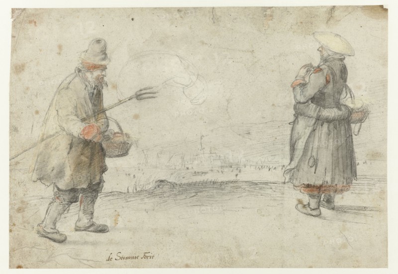 Studies of a Man and a Woman Standing on the Bank of a Frozen River, with a Town..., c.1610-c.1615. Creator: Hendrick Avercamp.