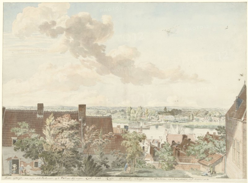 View in Nijmegen with a ferry across the river, 1785. Creator: Hendrick Hoogers.
