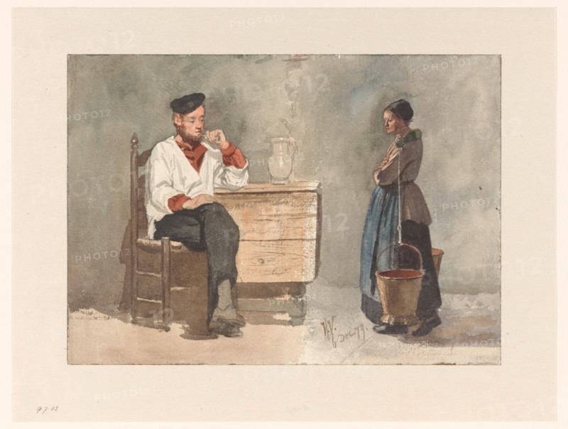 Smoking sailor, woman with yoke and milk buckets, 1879. Creator: Hendrik Valkenburg.