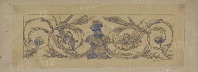 Rectangular field with symmetrical leaf vines with banners, weapons and a laurel wreath, with a helm Creator: Henri Cameré.