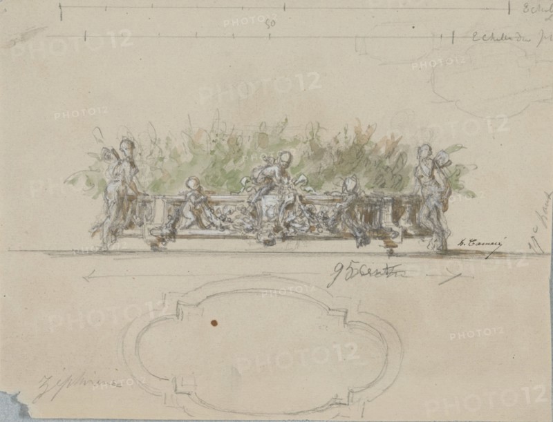 Design for Jardinière filled with plants, with a few floor plans, c.1864-c.1894. Creator: Henri Cameré.