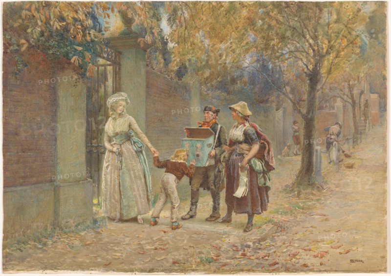 Man with a viewing box, and a seller of songs, 1868-1928.  Creator: Henry Reynolds Steer.