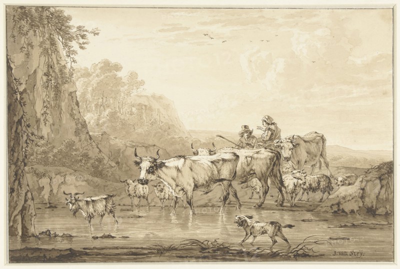 Shepherd and Shepherdess with cattle and sheep at a pool, 1766-1815. Creator: Jacob van Strij.
