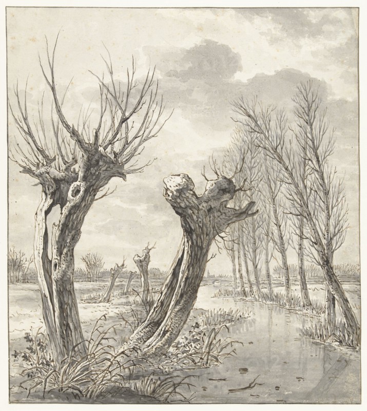 Winter landscape with pollard willows along a frozen ditch, 1766-1815. Creator: Jacob van Strij.