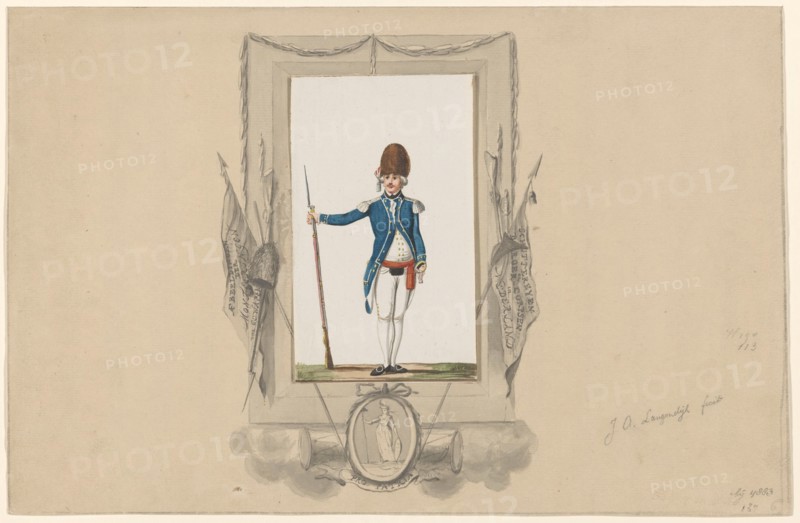 Standing soldier in ornamental frame, 1790-1818. Creator: Jan Antony Langendijk.
