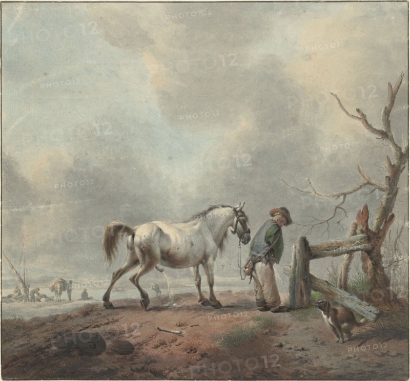 Landscape with pissing man, horse and dog, 1759. Creator: Jan Augustini.