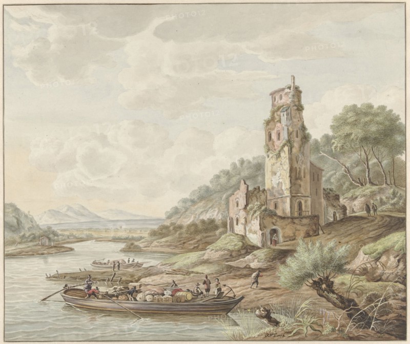 Landscape with loaded barge near a castle, 1776. Creator: Jan van Lockhorst.