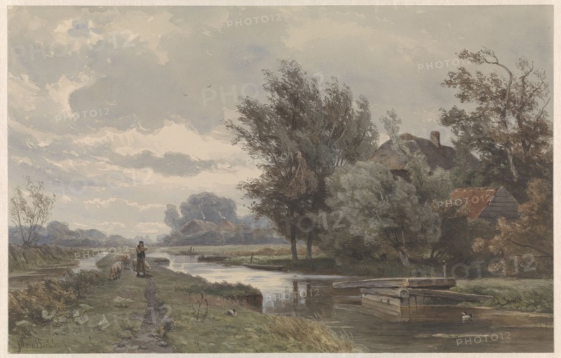 Shepherd with sheep at a farm by the water, 1835-1892. Creator: Jan Willem van Borselen.