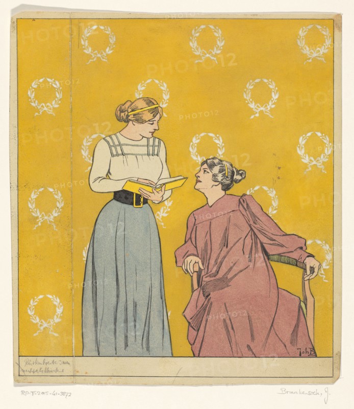 Book cover design: two women with a book, 1868-1940. Creator: Johan Coenraad Braakensiek.