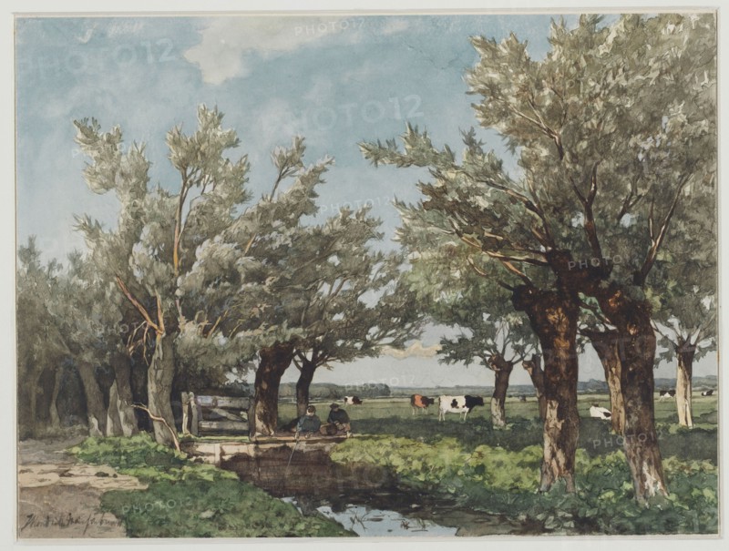 Landscape with two boys fishing in a canal, 1834-1892.  Creator: Jan Hendrik Weissenbruch.