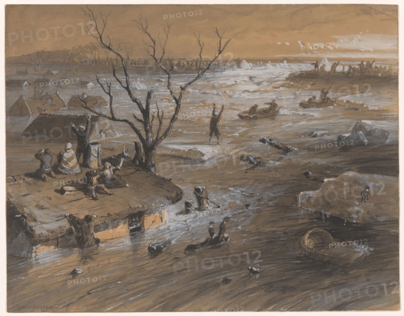 Dyke breach in Brakel, January 4, 1861, (1861).  Creator: Jan Hendrik Weissenbruch.