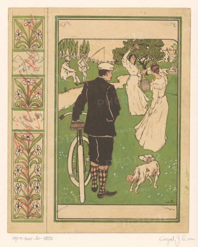 Book cover design, man with bicycle and badminton players, 1880-1928.  Creator: Johann Georg van Caspel.