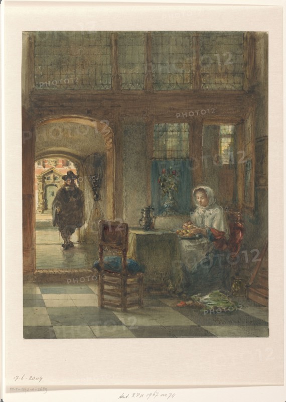Woman peeling apples, and a man in the hallway, 1831-1892.  Creator: Johannes Anthonie Balthasar Stroebel.