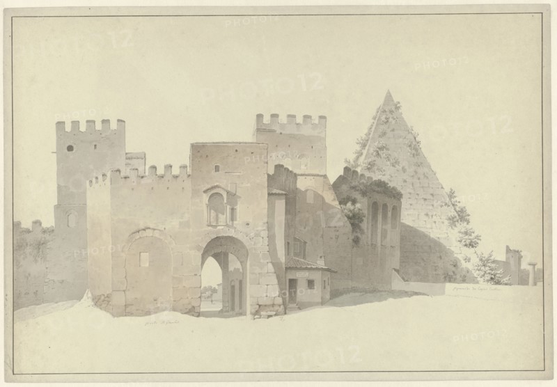 The Porta San Paolo and the Pyramid of Cestius in Rome, c.1809-c.1812. Creator: Josephus Augustus Knip.