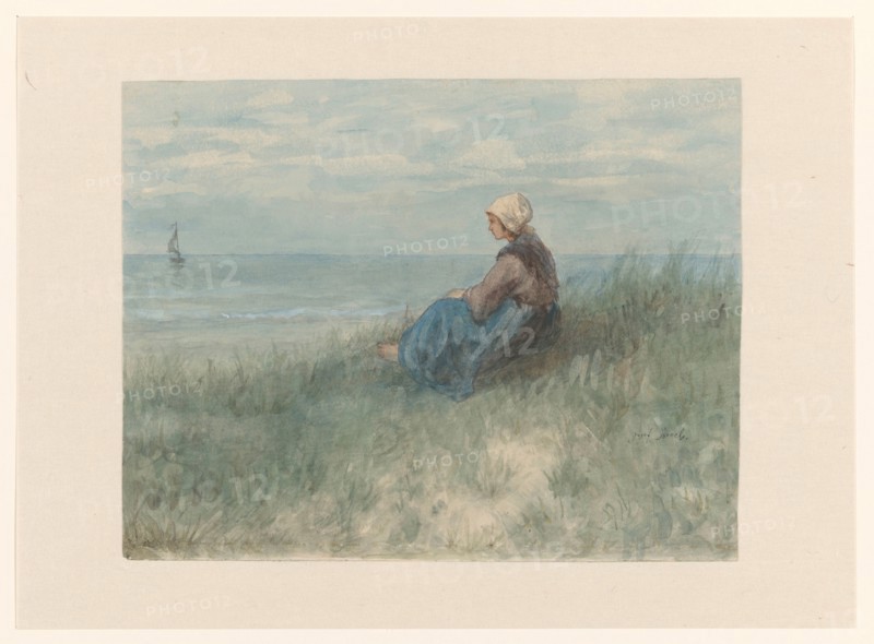 Woman sitting on the dunes watching the sea, 1834-1892. Creator: Jozef Israels.