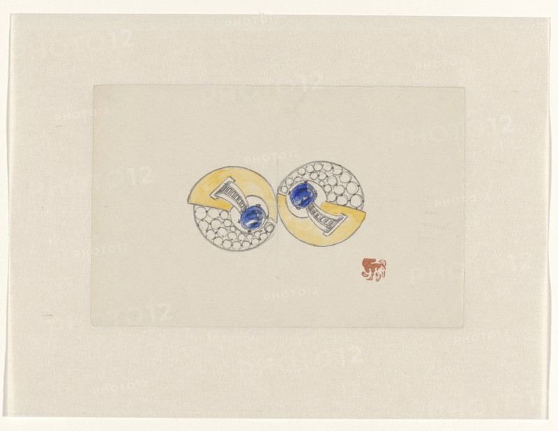 Design for jewel, made up of two round halves, with gold, sapphire and brilliants, c.1920-c.1930. Creator: Jules Chadel.