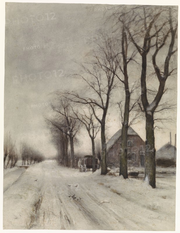 Winter landscape with farmhouse and row of trees, 1860-1892. Creator: Louis Apol.
