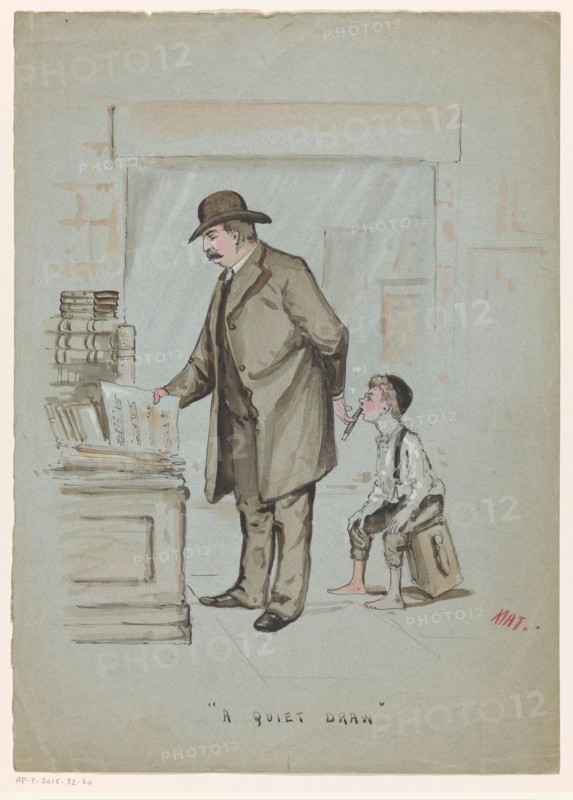 Boy secretly takes a puff of a cigar held by a man looking at sheet music, c.1900-c.1950. Creator: Mat.