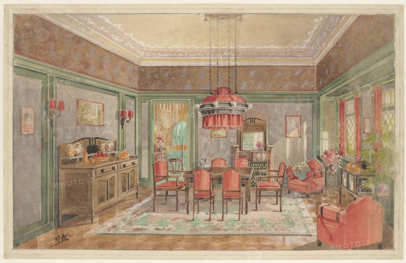 Dining room with red chairs, c.1925. Creator: Monogrammist HK.