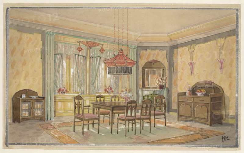 Dining room with yellow walls and red lamp, c.1925. Creator: Monogrammist HK.