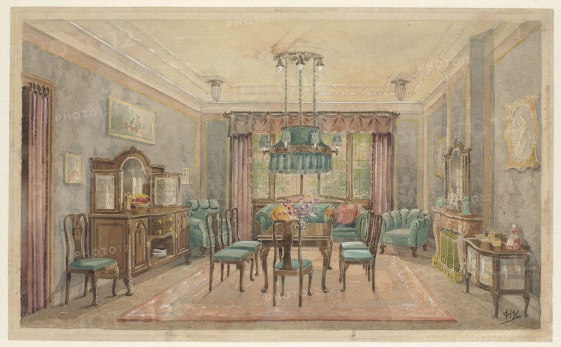 Dining room with green canapé, c.1925. Creator: Monogrammist HK.