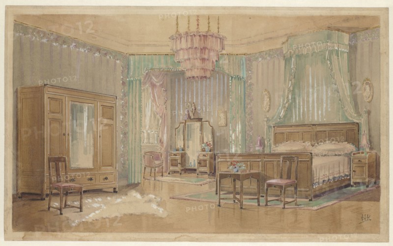 Bedroom with oval portraits, c.1925. Creator: Monogrammist HK.