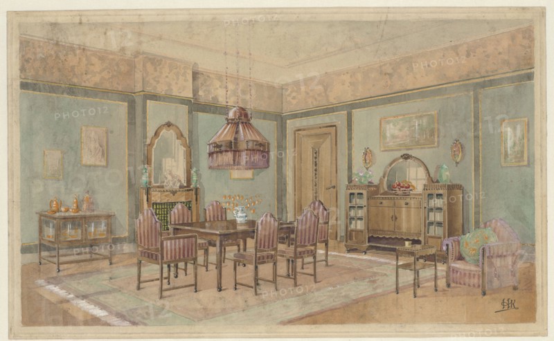 Dining room with cupboard with orange service, c.1925. Creator: Monogrammist HK.