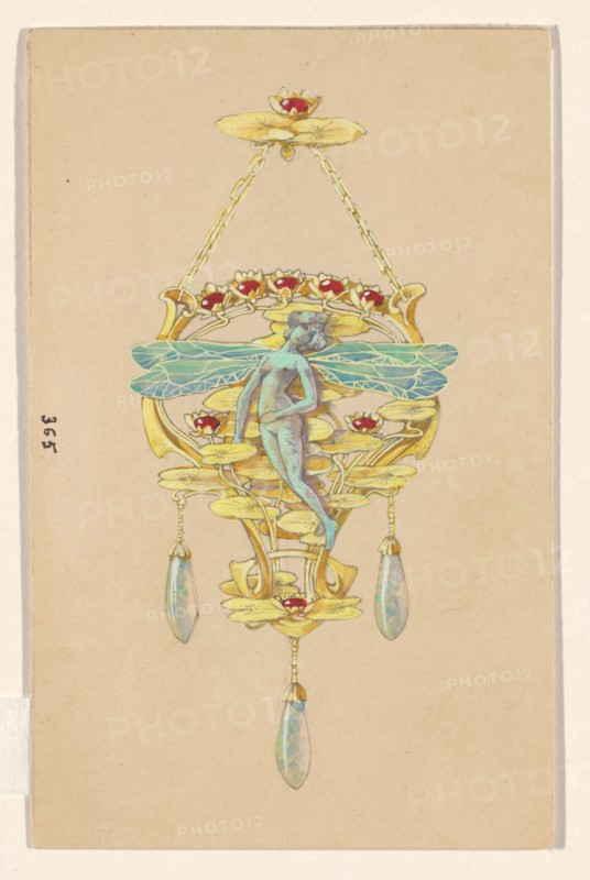 Design for a pendant with a woman with dragonfly wings, of gold, rubies, opals and enamel, c.1905. Creator: Paul Louchet.