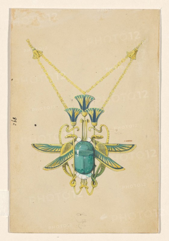 Design for a pendant with a scarab, snakes and lotus flowers, of enamelled gold with a scarab, c.190 Creator: Paul Louchet.