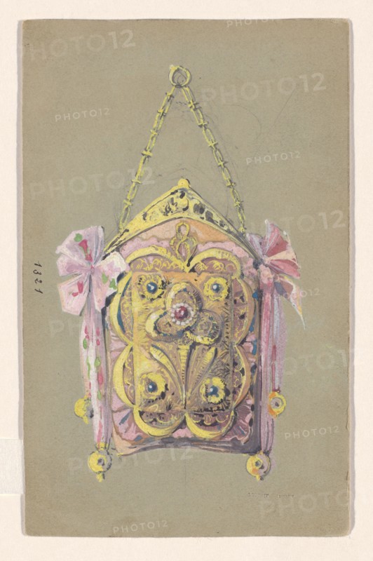 Design for an evening bag with a gilded silver bracket and tie ribbons, c.1905. Creator: Paul Louchet.