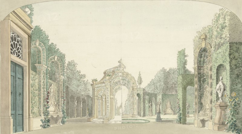 Design for a theater decor with a garden, c.1727-c.1780. Creator: Pieter Barbiers.