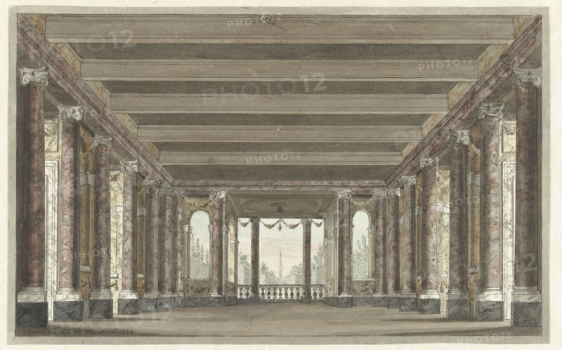 Design for a theater decor of a column gallery with Loggia, 1779. Creator: Pieter Barbiers.