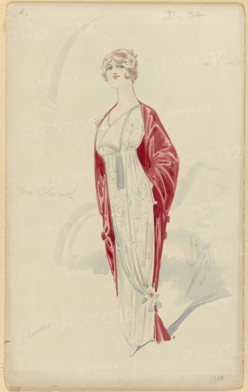Woman in white evening dress with floral pattern, No. D.34, 1914. Creator: Price.