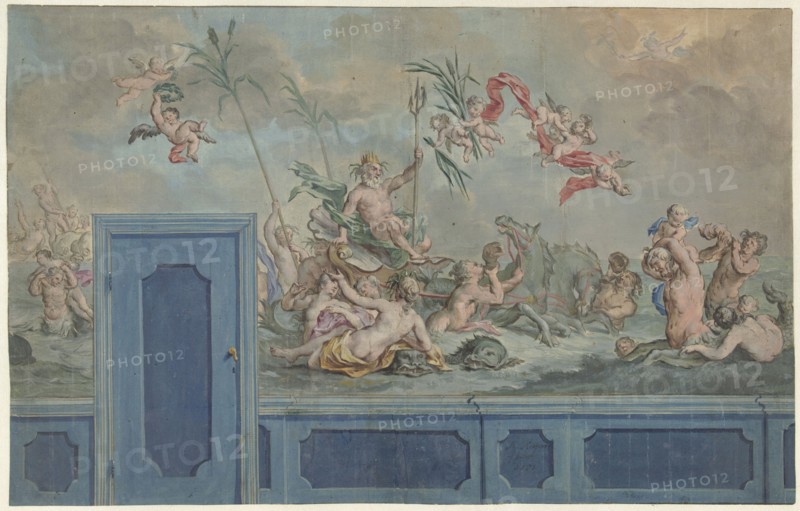 Design for a wall decoration with Neptune and entourage, 1751. Creator: Ruik Keyert.