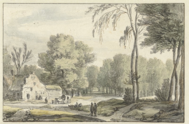 Landscape with a covered wagon outside farm buildings, 1637-1692. Creator: Roelant Roghman.