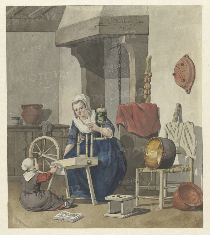 Interior with a spinning woman with a child, 1796. Creator: W. Barthautz.