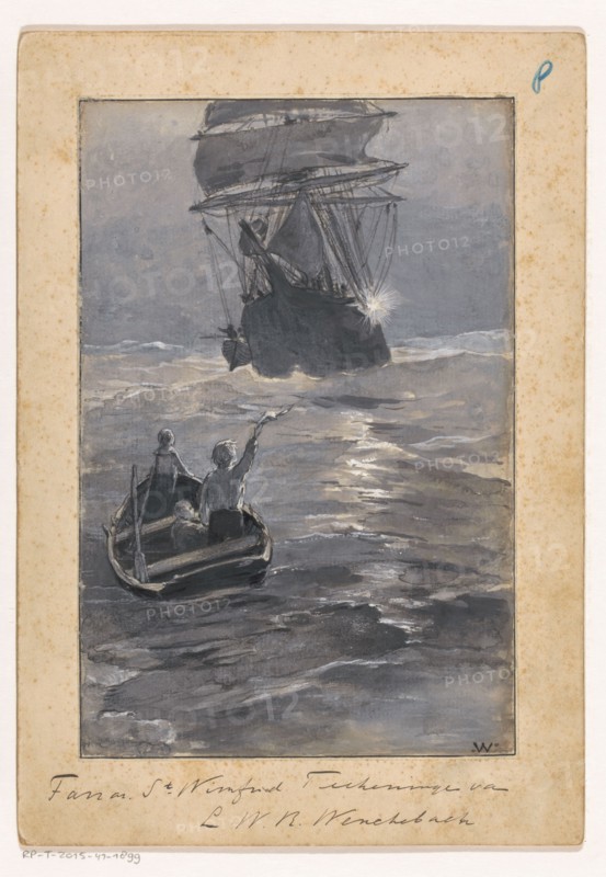 Boys signal to a ship from a sinking rowing boat, in or before 1894. Creator: Willem Wenckebach.