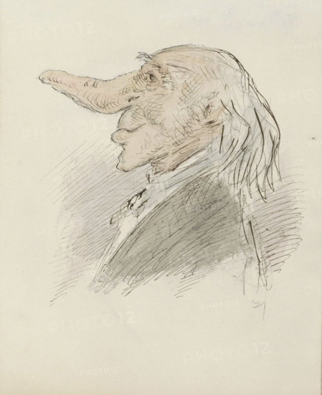 Caricatural head of an old man with a long nose, c.1854-c.1887. Creator: Alexander Ver Huell.