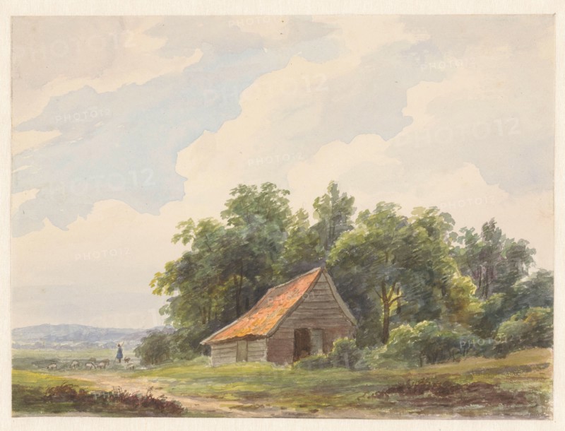 Landscape with barn and in the distance a shepherd with sheep, 1797-1870. Creator: Andreas Schelfhout.