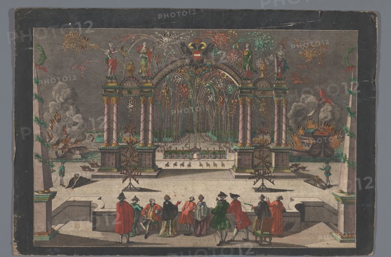 View of fireworks and a triumphal arch with a two-headed eagle and the name of Joseph..., 1765-1799 Creator: Anon.